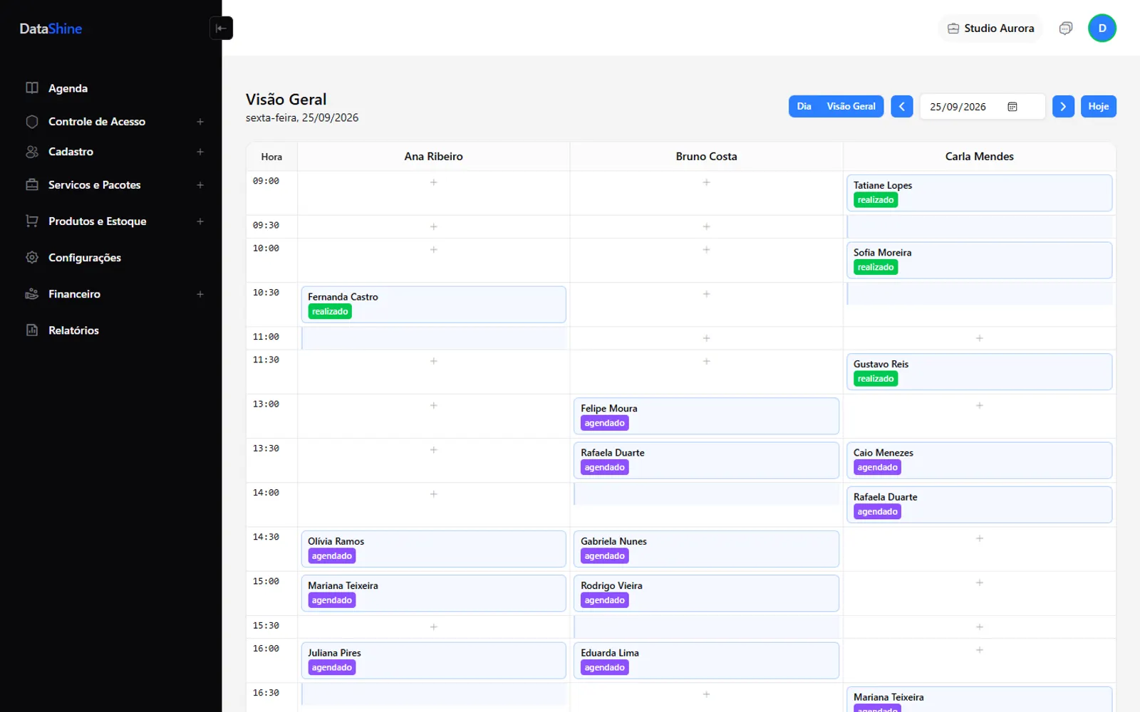 Agenda do DataShine com os atendimentos do dia de cada profissional