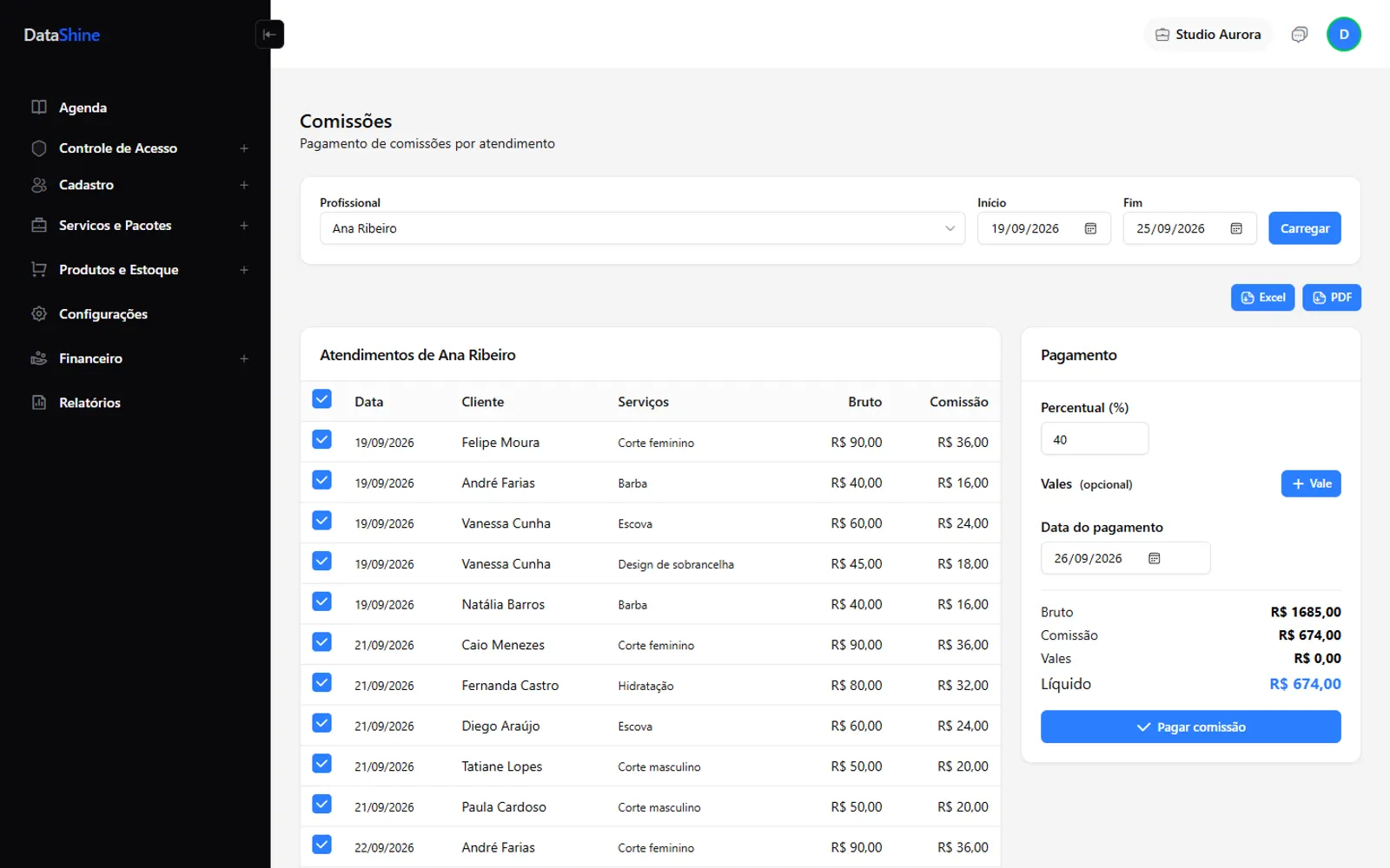 Tela de comissões do DataShine com o valor a pagar para cada profissional
