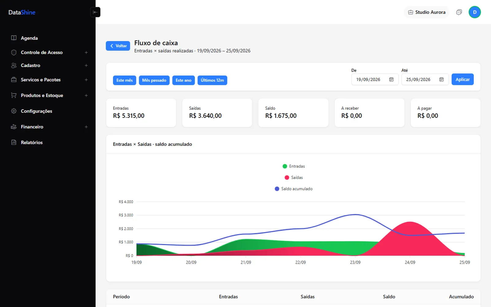 Relatório de fluxo de caixa do DataShine com entradas, saídas e saldo